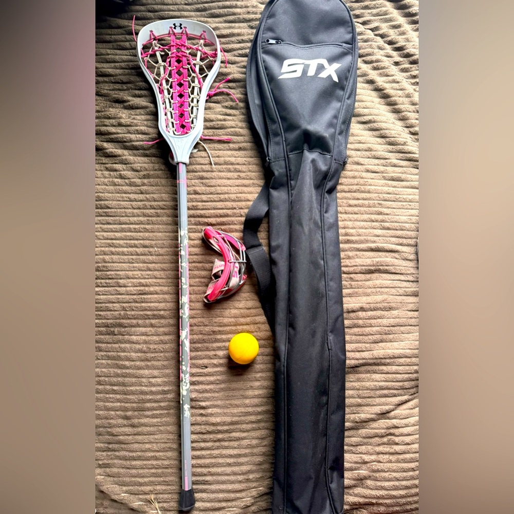 Lacrosse Stick, Ball, Goggles, and Bag
